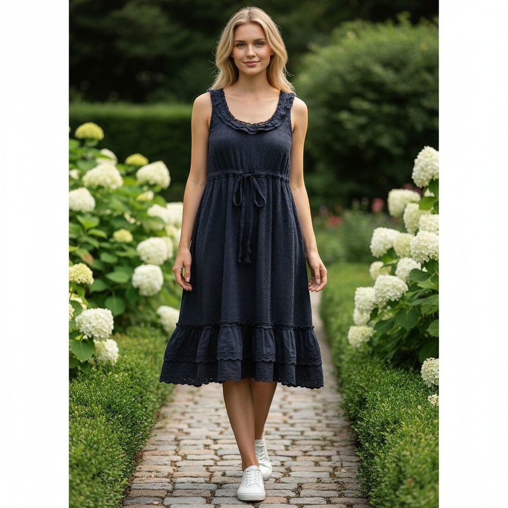 BCBGMAXAZRIA Navy Blue Pointelle Knit Ruffle Trim Midi Dress Medium